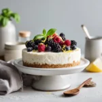 Whole Cottage Cheese Cheesecake No Bake with fruit topping on ceramic stand