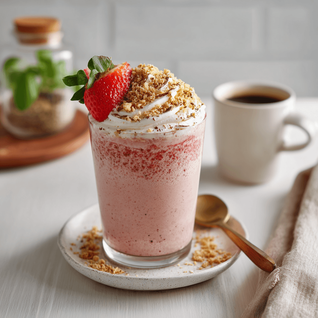 Strawberry Cheesecake Shake topped with whipped cream and crumbs