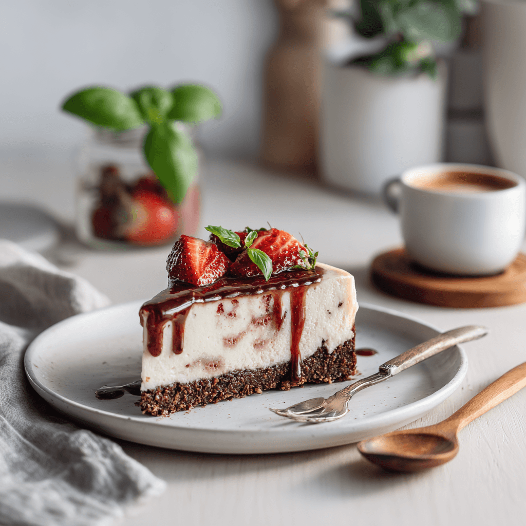 Sliced strawberry crunch cheesecake with swirl and chocolate crust