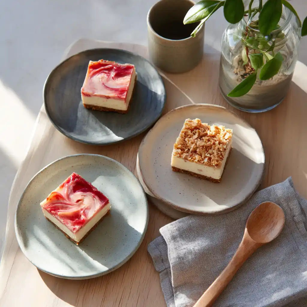 Assorted Rhubarb Cheesecake Square variations with berries and shortbread crust