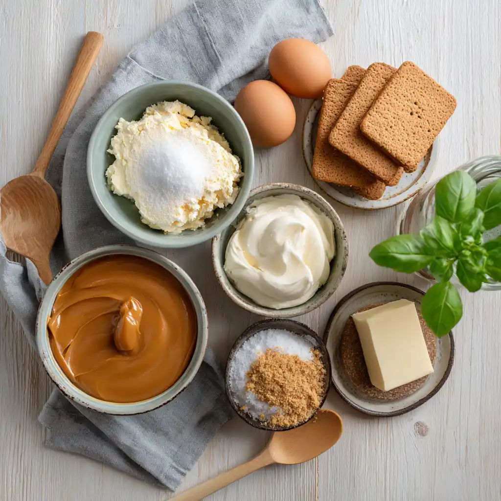 Dulce De Leche Caramel Cheesecake ingredients in ceramic bowls on wooden table