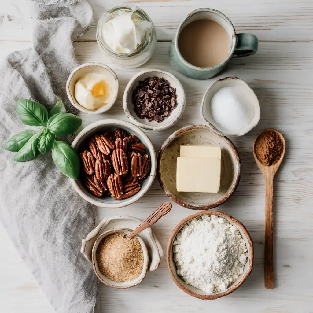 Ingredients for German Chocolate Cake Cheesecake arranged in ceramic bowls