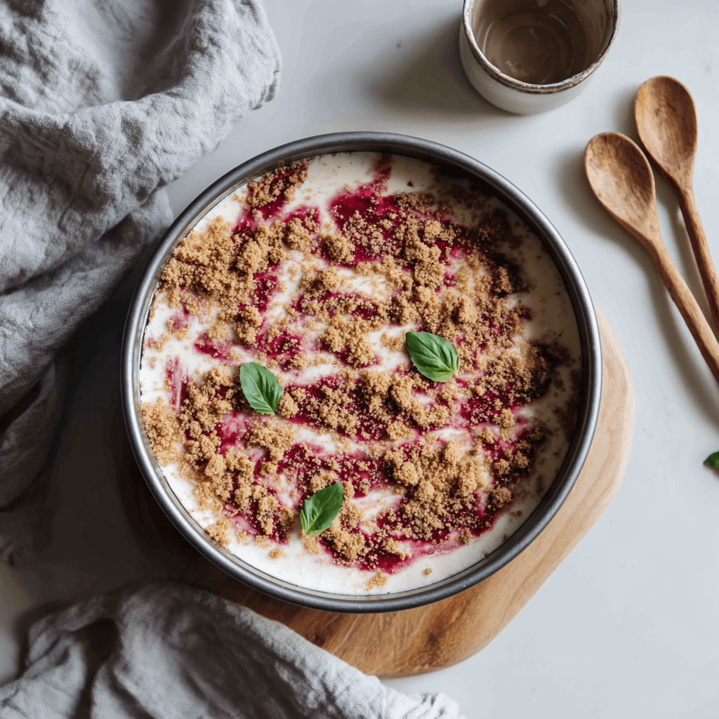 Assembling raspberry swirl and cream cheese layers in a cake pan