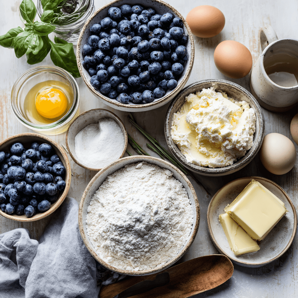 Blueberry Muffin Cheesecake ingredients arranged on a wooden table
