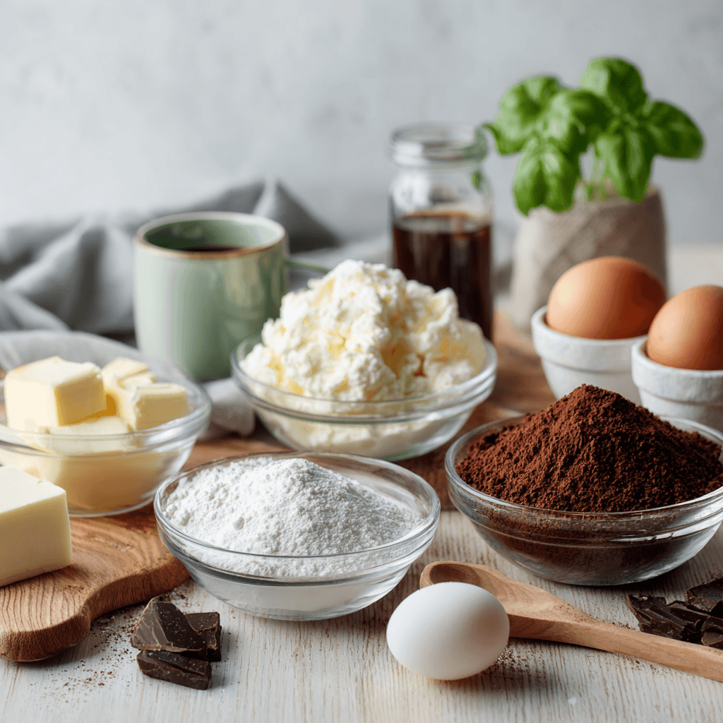 Cheesecake Brownie Cake ingredients arranged on a wooden table