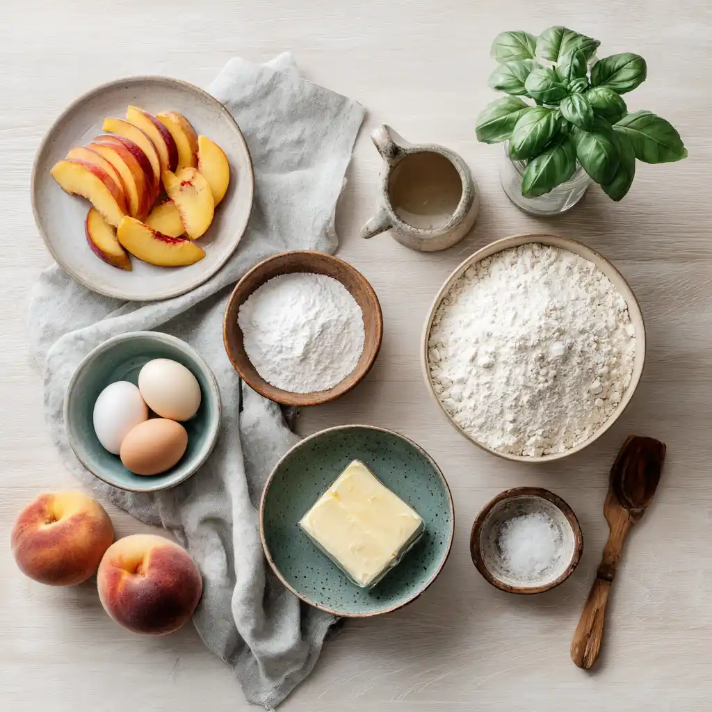 Ingredients for Cheesecake Peach Cobbler arranged in ceramic bowls

