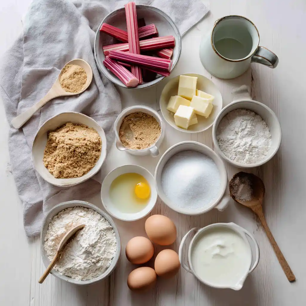 Rhubarb Cheesecake Squares ingredients laid out in ceramic bowls