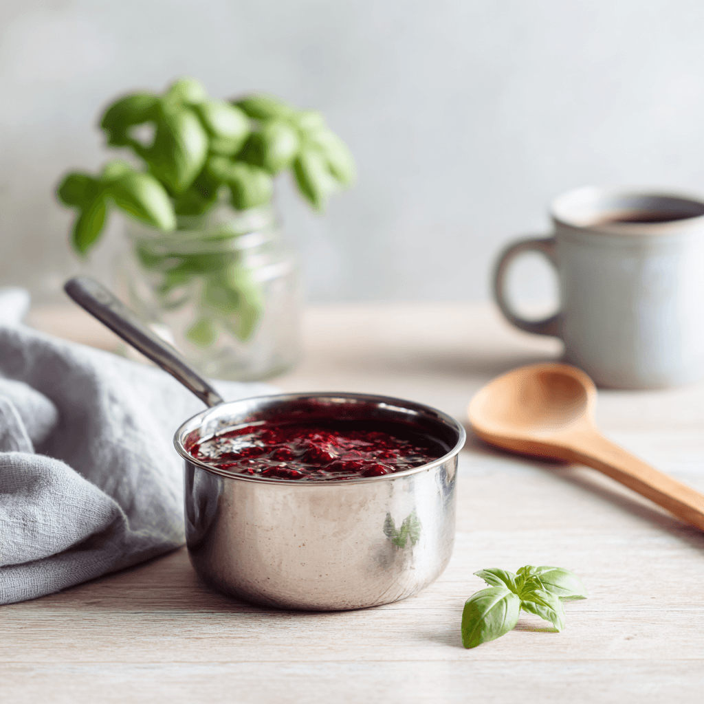 Homemade raspberry sauce in a small saucepan