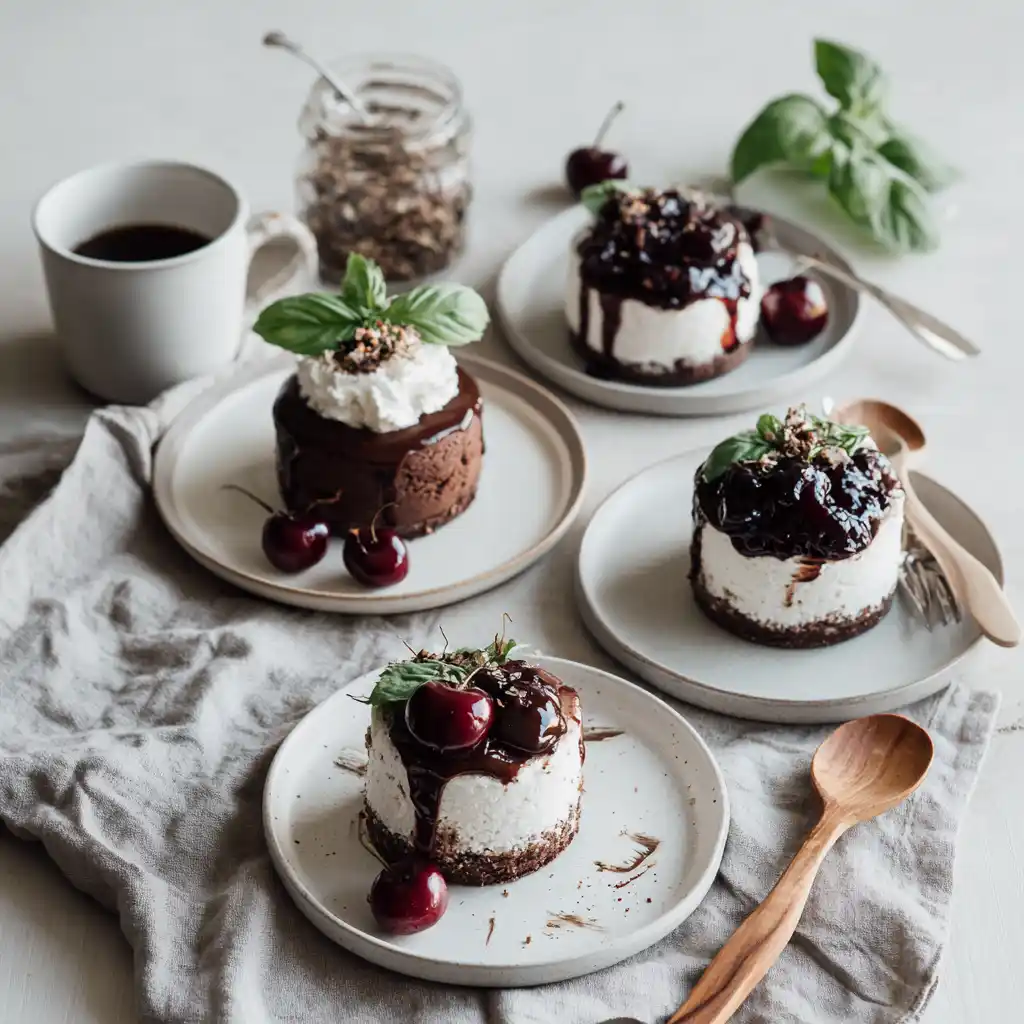 Mini Black Forest Cheesecake Cakes with different toppings