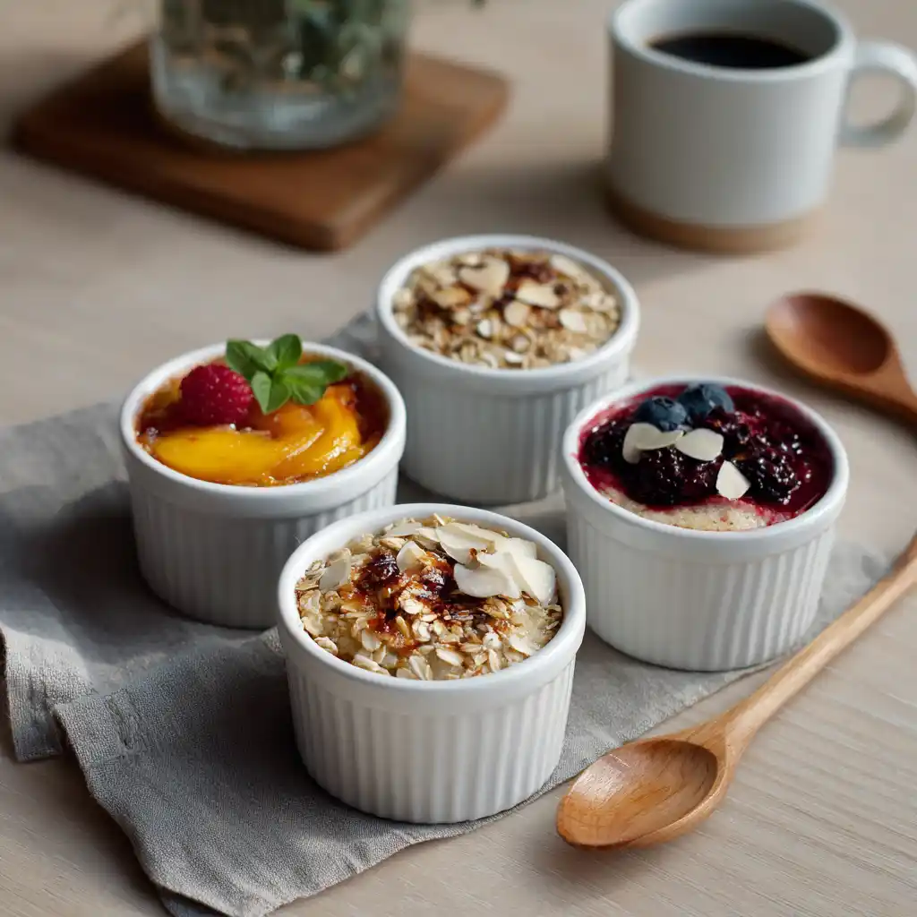 Mini Cheesecake Peach Cobblers in ramekins with different toppings