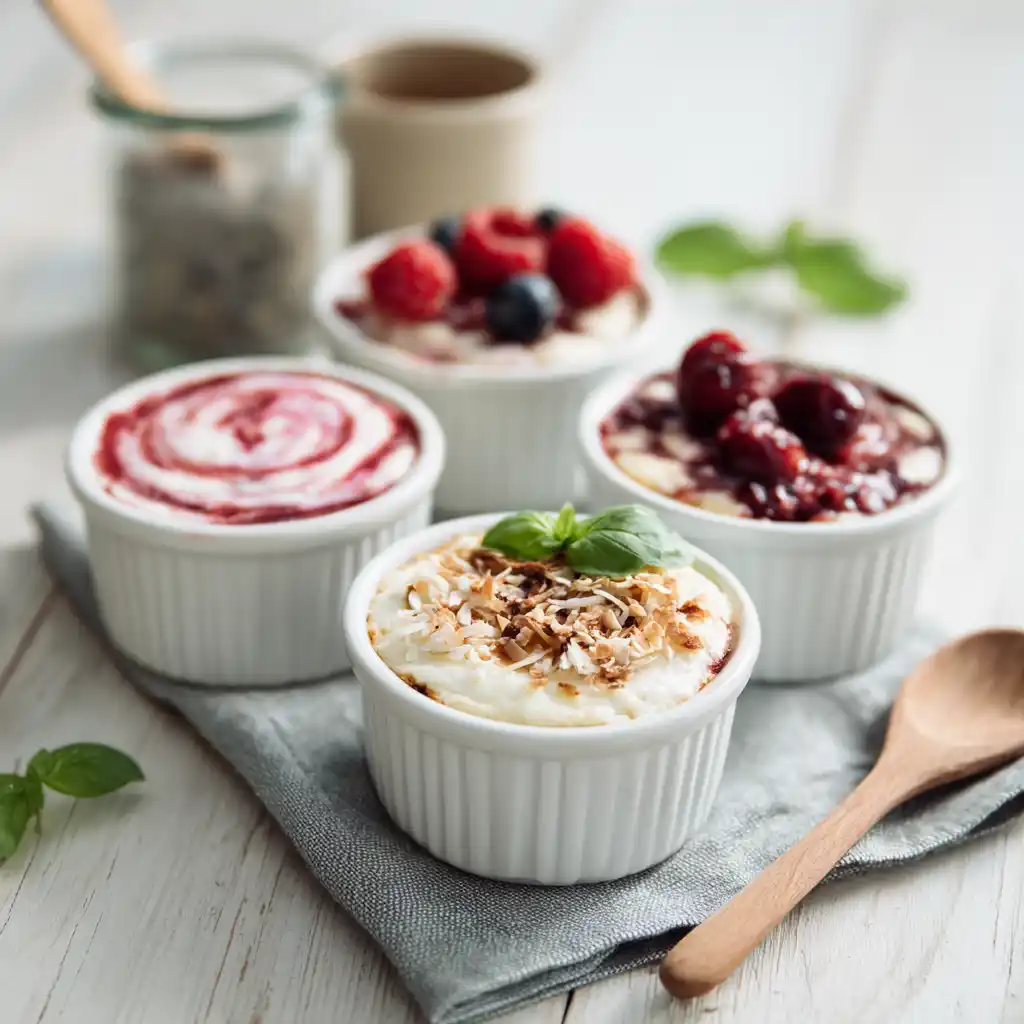 Mini Rhubarb Cheesecakes with different toppings and crusts