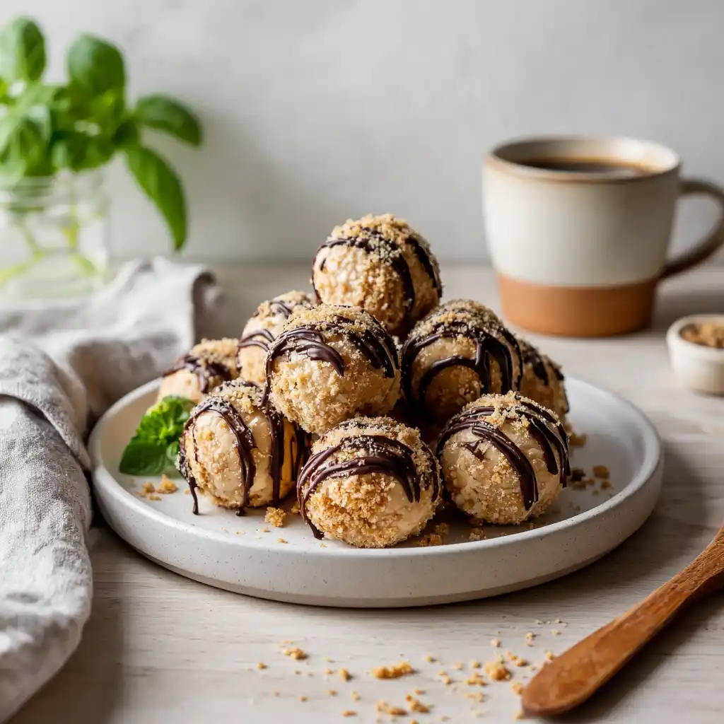 Plated peanut butter cheesecake balls with chocolate drizzle