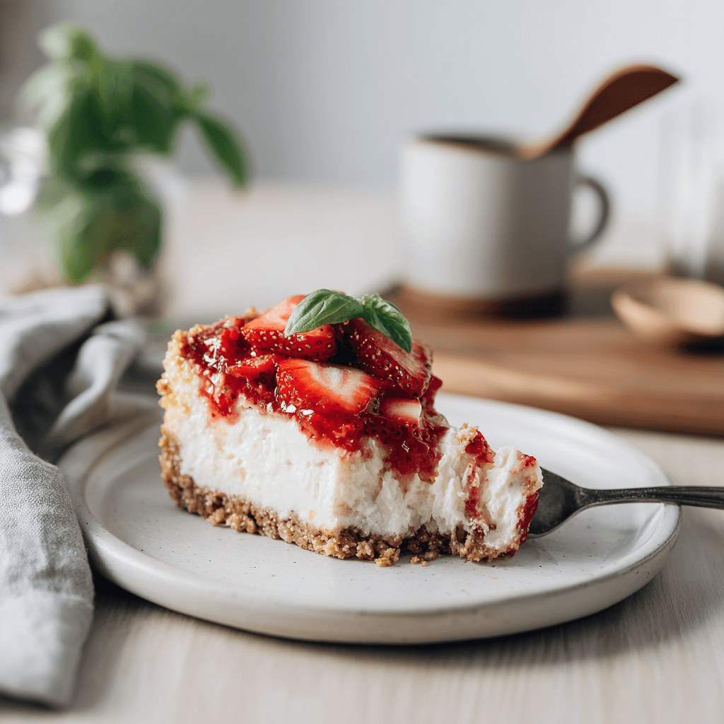 Slice of Strawberry Crunch Cheesecake on a plate with fork