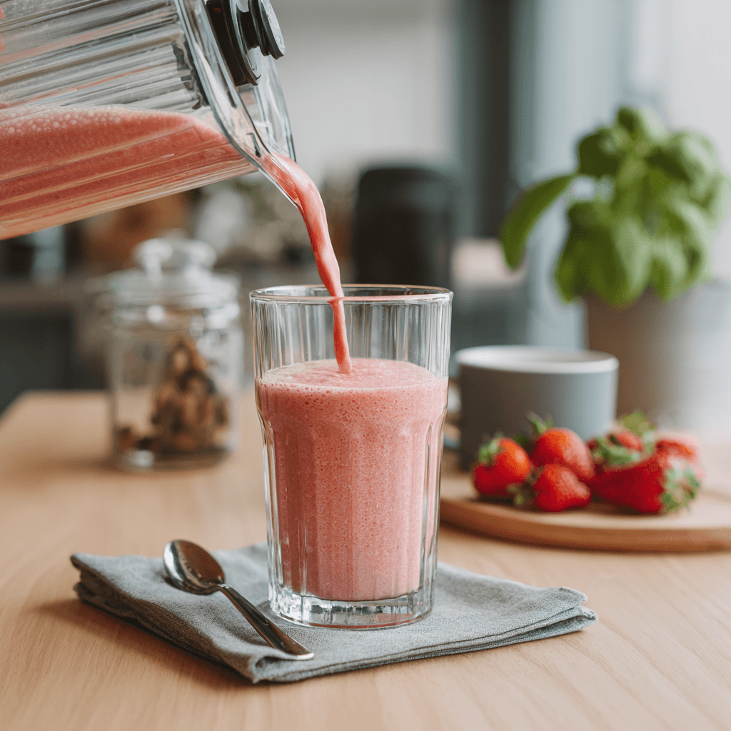 Pouring thick Strawberry Cheesecake Shake into glass