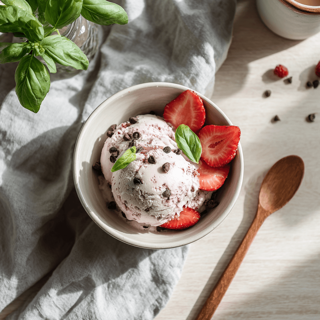 Scoop of raspberry cheesecake ice cream with chocolate chips and strawberry