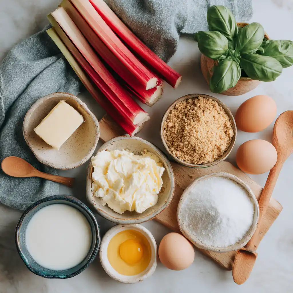 Rhubarb Cheesecake ingredients arranged in ceramic bowls