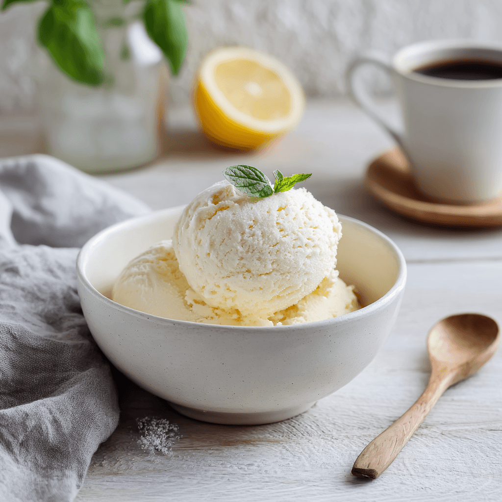 A rounded scoop of lemon cheesecake ice cream in a white bowl, with visible graham swirl.