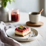 Single Rhubarb Cheesecake Square on ceramic plate with fresh rhubarb topping