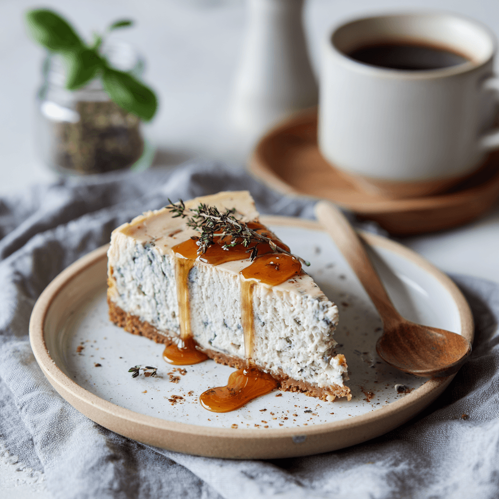 Blue cheese cheesecake slice plated with honey and thyme