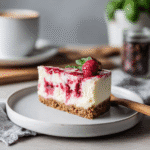 Slice of raspberry cheesecake ice cream cake on a white plate