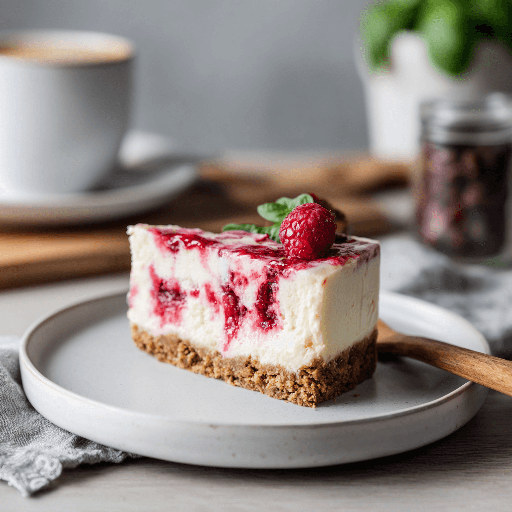 Slice of raspberry cheesecake ice cream cake on a white plate