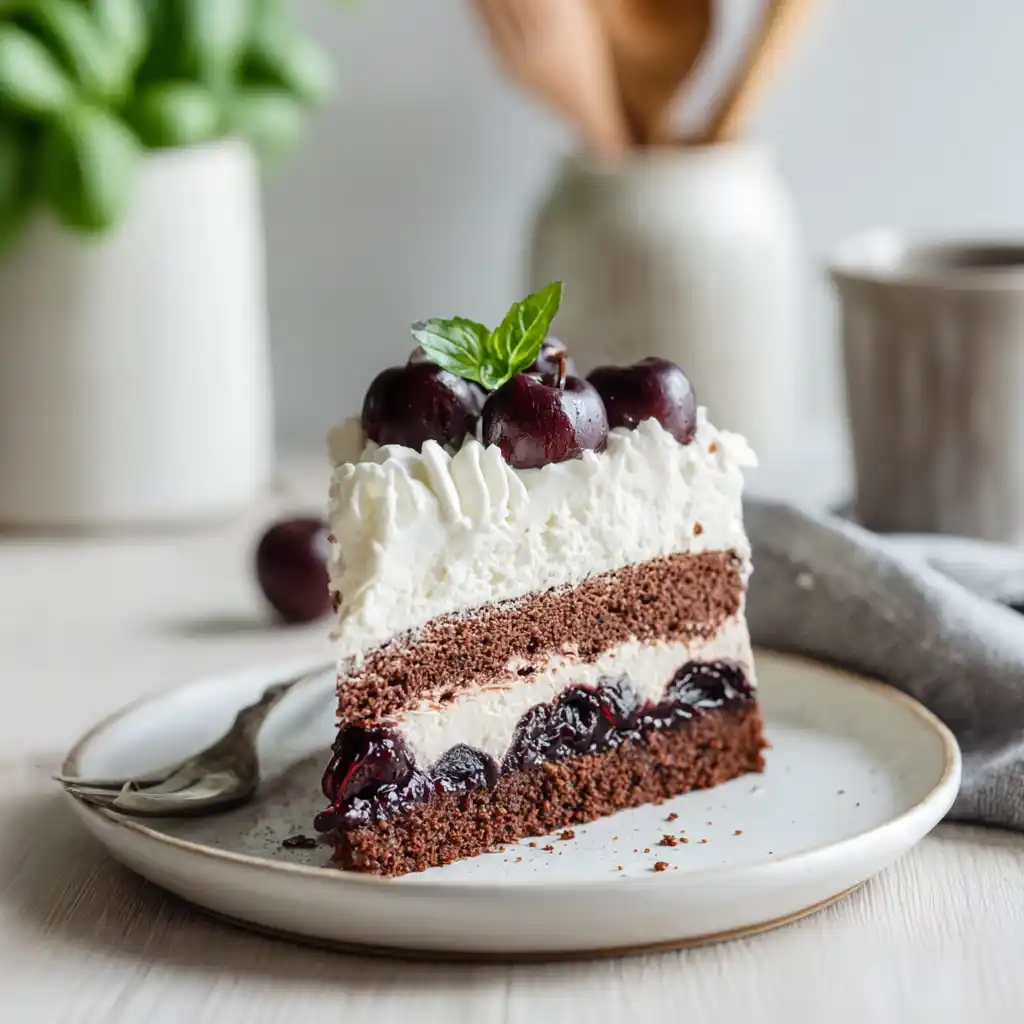 Slice of Black Forest Cheesecake Cake showing cheesecake and cherry layers