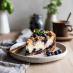 Slice of Blueberry Muffin Cheesecake with berries and crumble on white plate