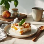 Slice of Cheesecake Peach Cobbler on white plate with fruit and crumble layers