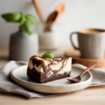Slice of Cheesecake and Brownie Cake on white plate showing layers