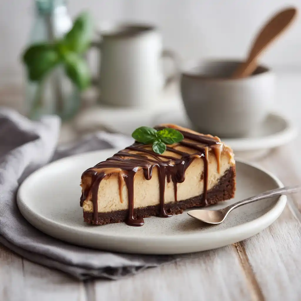 Slice of Chocolate Caramel Cheesecake showing caramel swirls and ganache topping