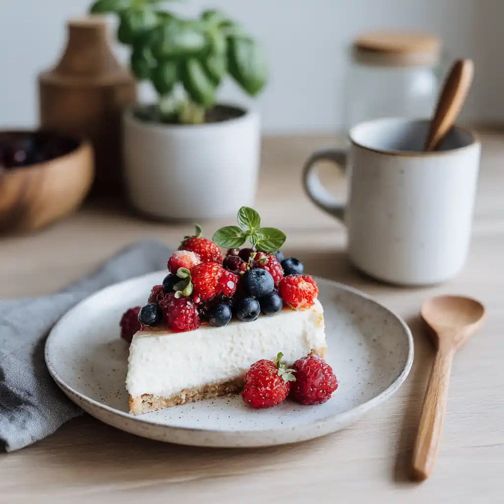 Slice of Cottage Cheese Cheesecake No Bake with berries on white plate