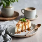 Slice of Dulce De Leche Caramel Cheesecake with swirl and caramel drizzle