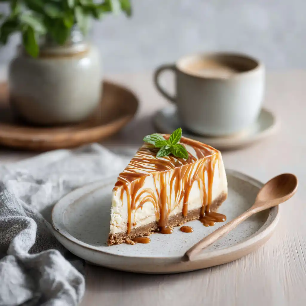 Slice of Dulce De Leche Caramel Cheesecake with swirl and caramel drizzle