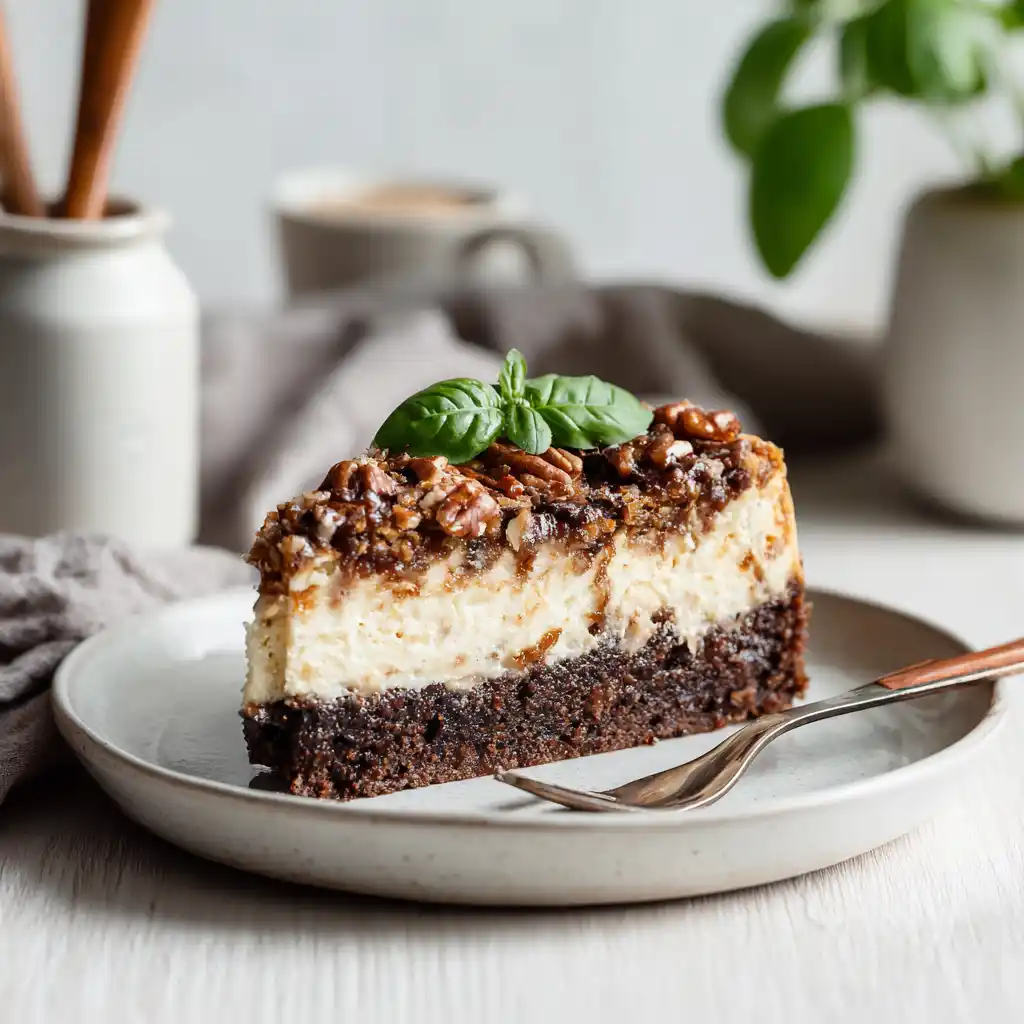 Slice of German Chocolate Cake Cheesecake showing layers and coconut topping