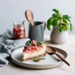 Slice of Rhubarb Cheesecake with visible layers and compote topping
