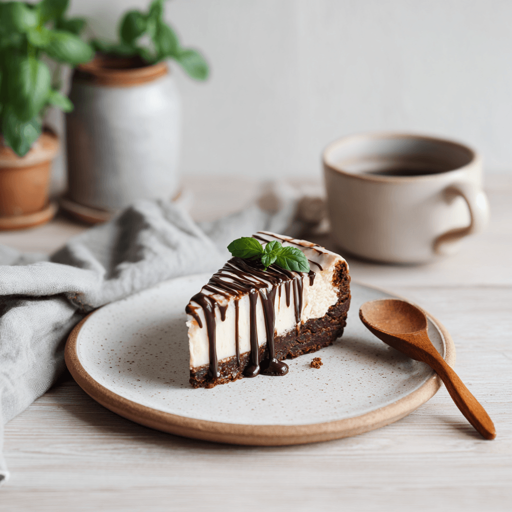 Slice of Cheesecake Brownie Cake on white ceramic plate with chocolate drizzle