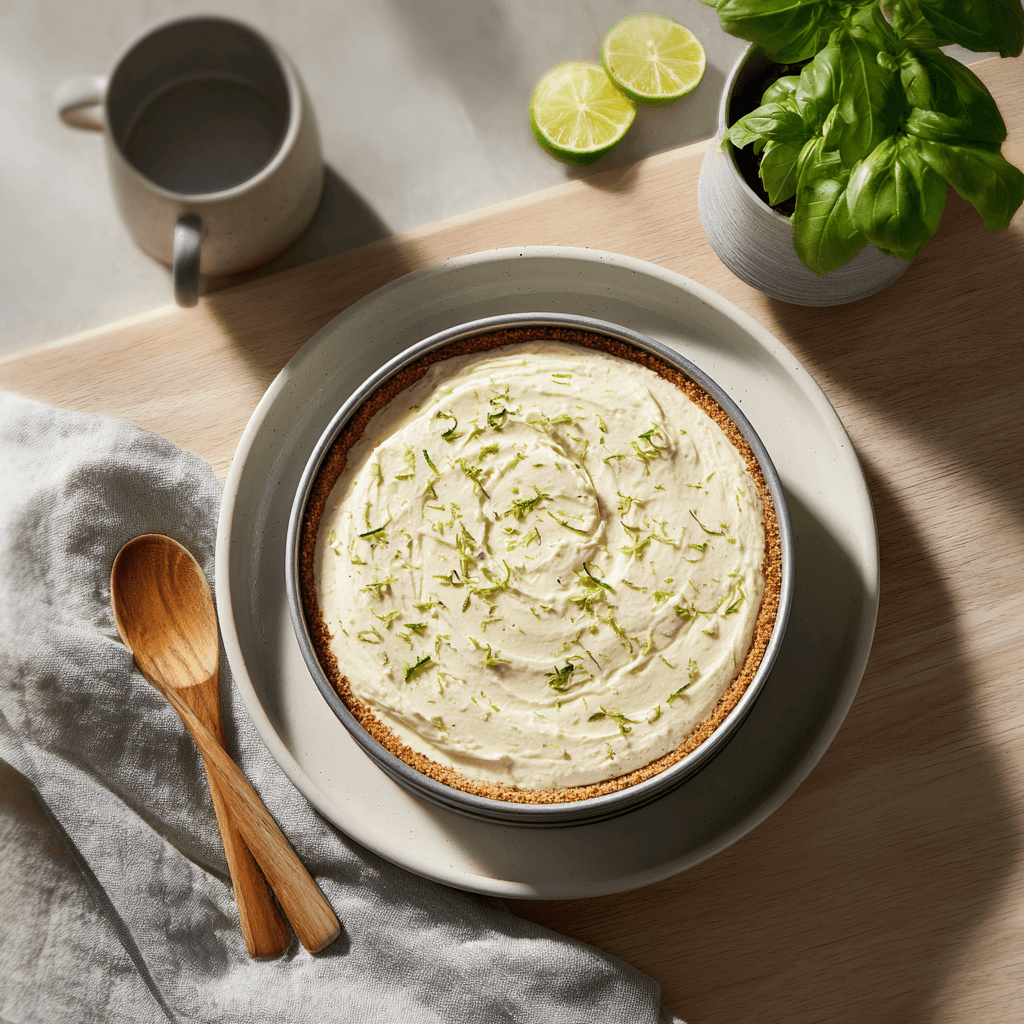Creamy key lime cheesecake filling being spread over crust