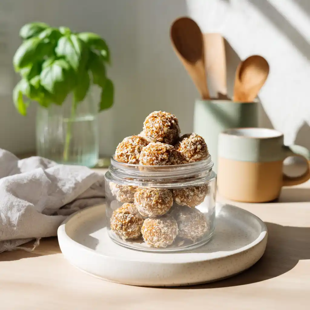 Airtight container with no-bake cheesecake balls in fridge