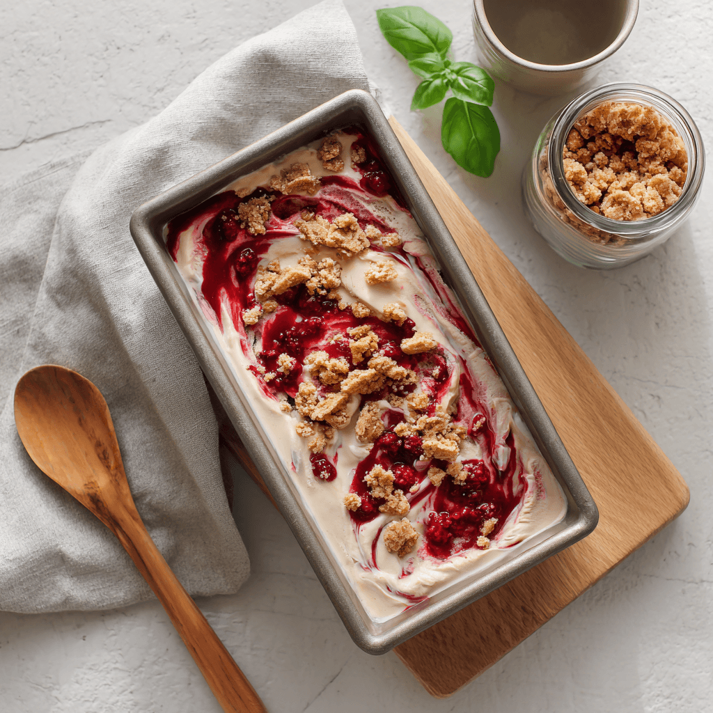 Raspberry Cheesecake Ice Cream with raspberry sauce and graham crackers