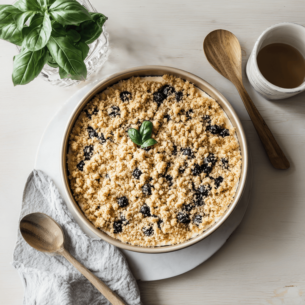 Streusel topping being sprinkled over Blueberry Muffin Cheesecake filling
